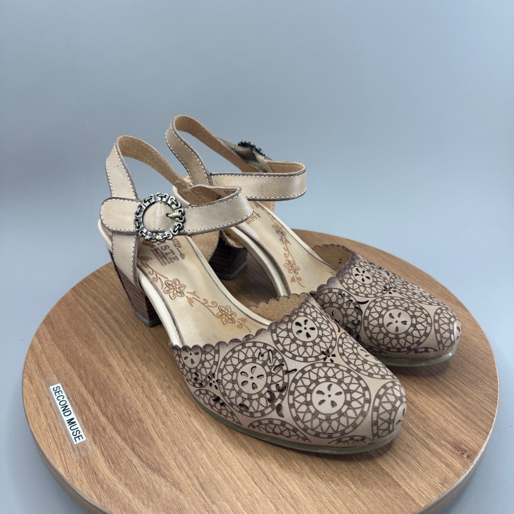 Spring Step L'Artiste EILOOTA Heels 36 6 Beige Laser Cut Leather Boho Mary Jane